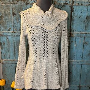 Anthropologie Cowl Neck Turtleneck Sweater Oatmeal Ivory Pointelle Scalloped XS